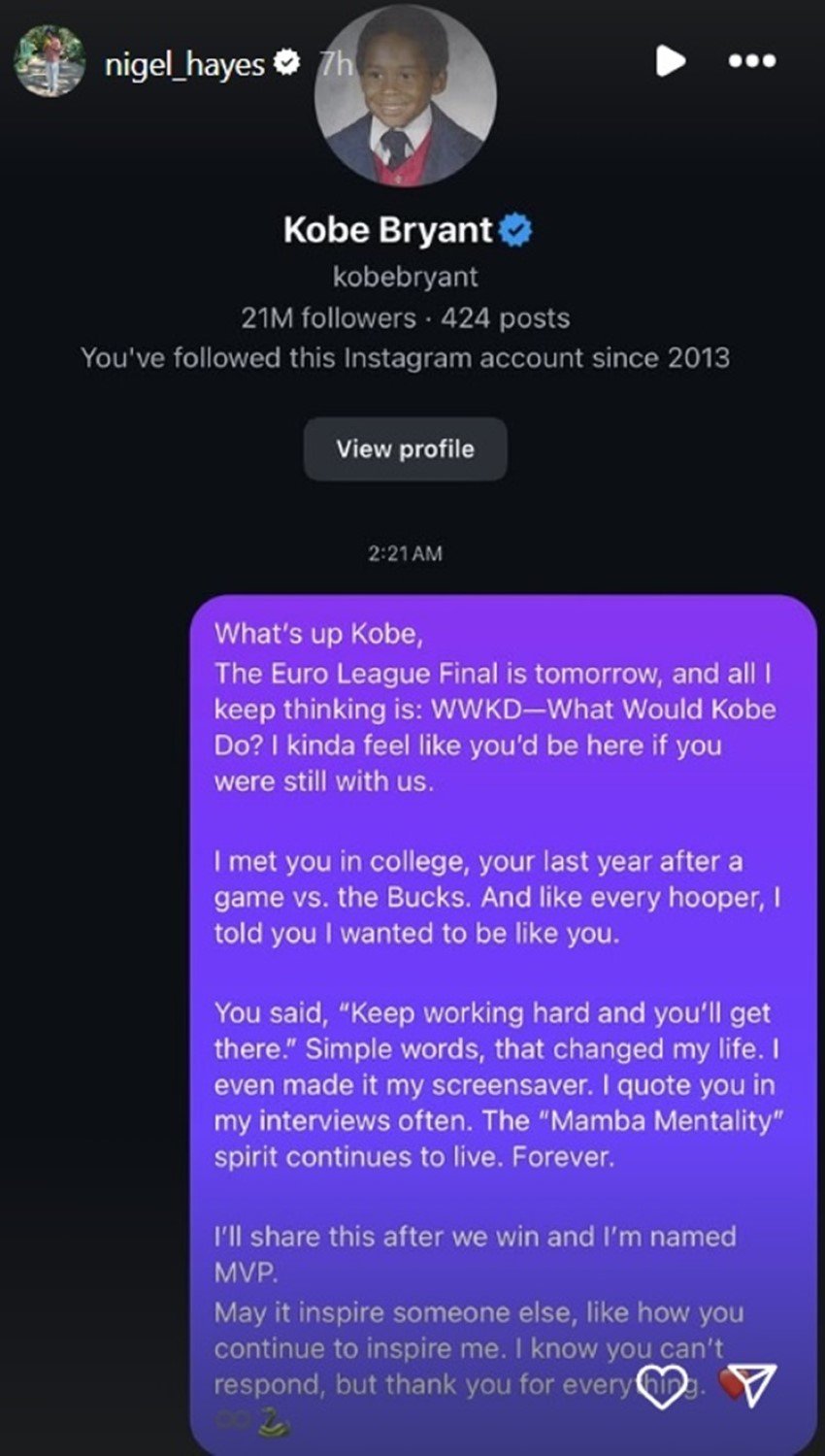 Το story του Χέιζ-Ντέιβις στο Instagram για τον Κόμπι Μπράιαντ