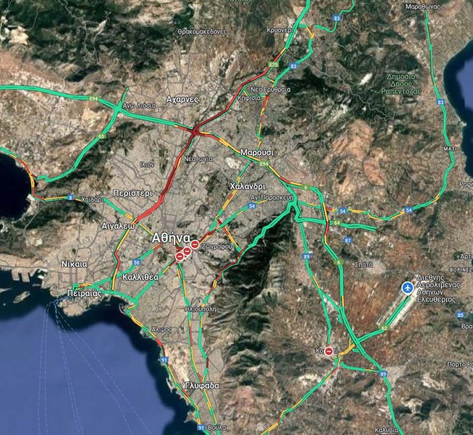 Η κίνηση στους δρόμους της Αθήνας μέχρι και τις 15:50 / Φωτογραφία: googlemaps
