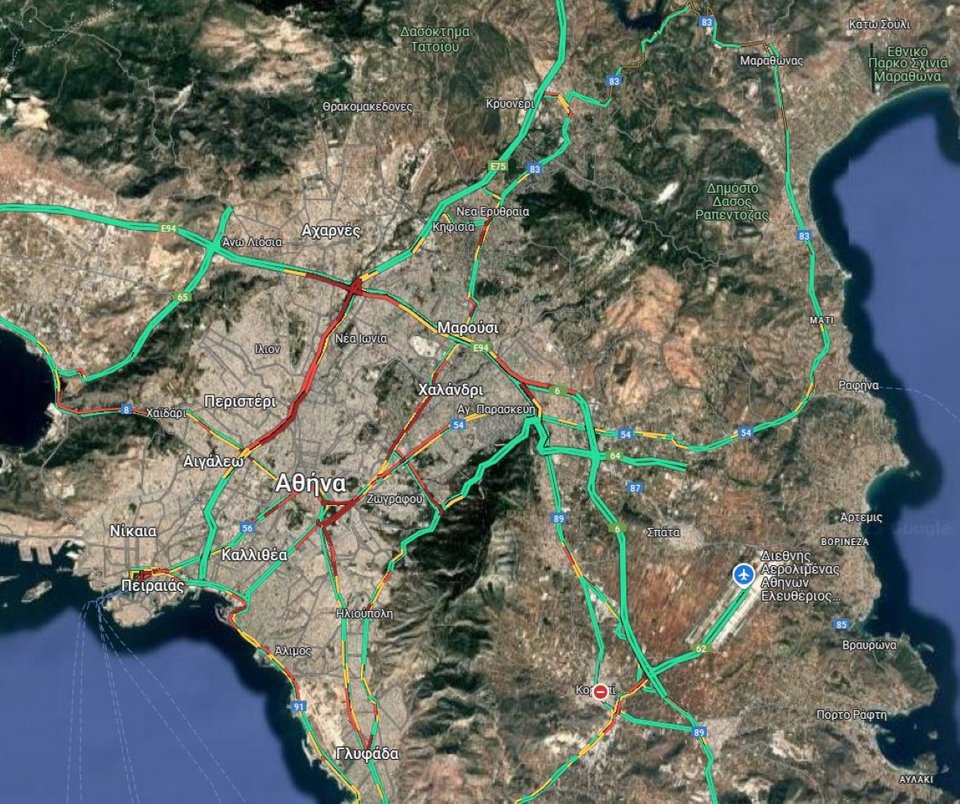 Η κίνηση στους δρόμους της Αττικής μέχρι τις 9:15 /Φωτογραφία: googlemaps