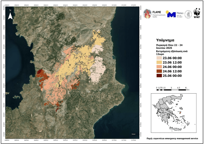 Η πορεία της εξάπλωσης της πυρκαγιάς στη Χίο, ανά ημέρα / meteo.gr