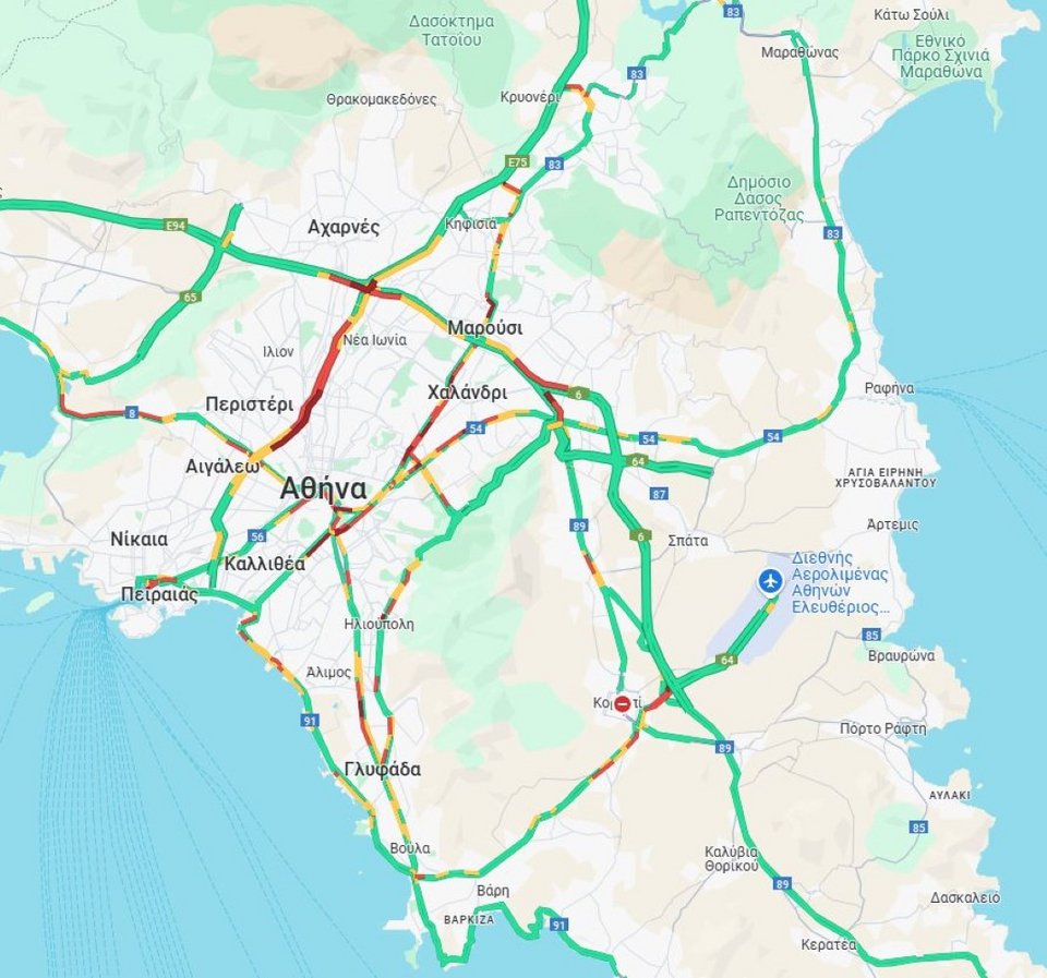 Η κίνηση στους δρόμους της Αθήνας έως τις 9:15 / Φωτογραφία: googlemaps