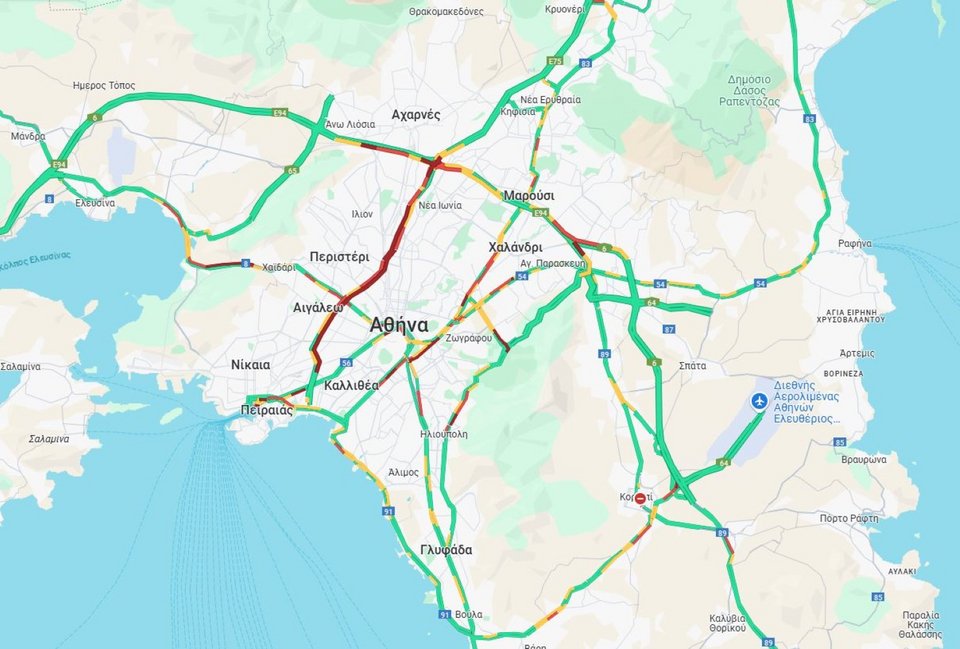 Η κίνηση στους δρόμους της Αττική έως τις 8:30 / Φωτογραφία: googlemaps