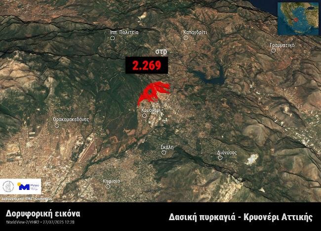 Εικόνα 3. Η καμένη έκταση από τη δασική πυρκαγιά στο Κρυονέρι Αττικής, από δορυφορικά δεδομένα της υπηρεσίας EMS / Copernicus έως το μεσημέρι της Κυριακής 27 Ιουλίου 2025.