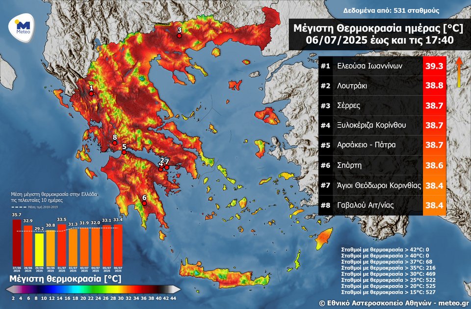 Ο χάρτης με τις υψηλότερες θερμοκρασίες σήμερα Κυριακή 6 Ιουλίου