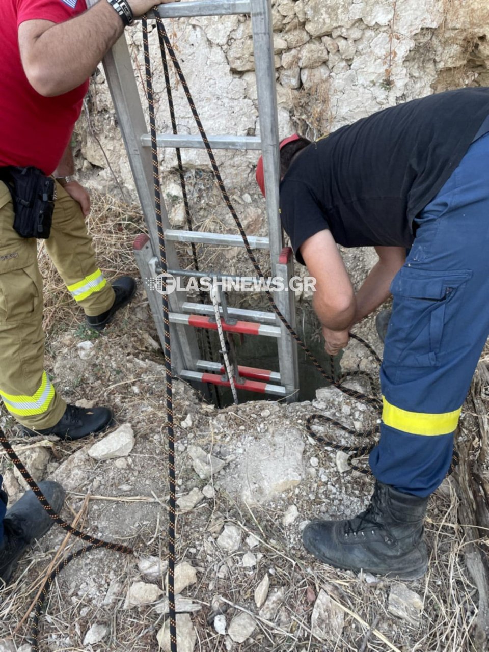 Χρησιμοποιώντας μια σκάλα και σκοινιά, οι πυροσβέστες κατέβηκαν στη στενή και βαθιά στέρνα