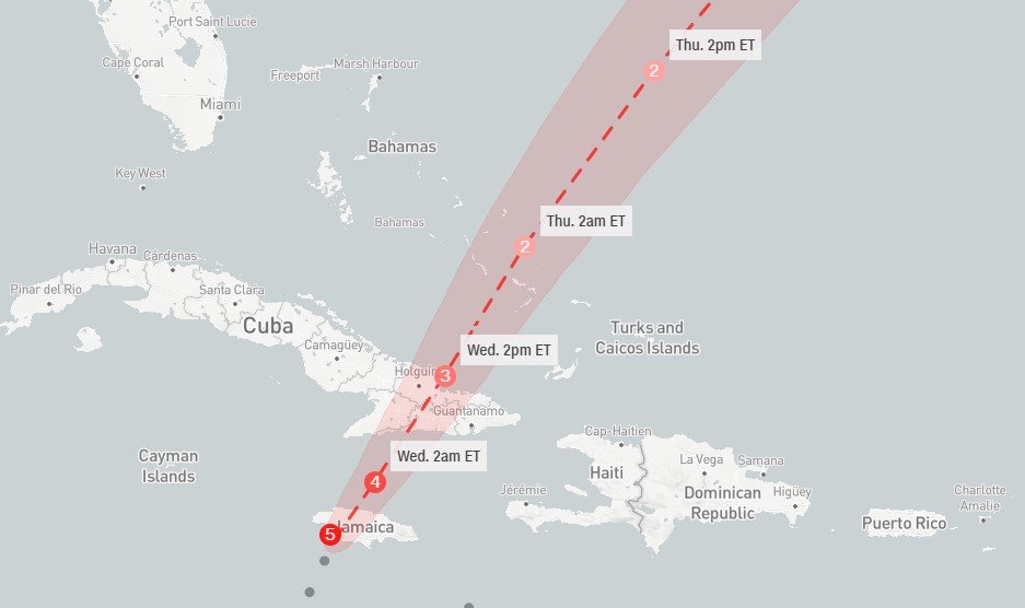 Η πορεία του τυφώνα «Μελίσα» μέχρι την Πέμπτη / ΠΗΓΗ: mapbox