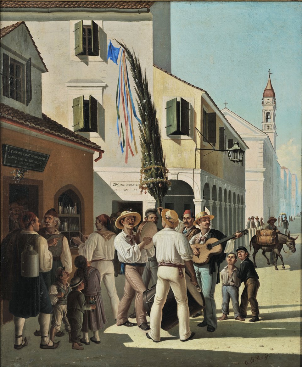 Παχής Χαράλαμπος(Κέρκυρα 1844-Κέρκυρα 1891) Πρωτομαγιά στην Κέρκυρα, π. 1875-1880 Λάδι σε μουσαμά Διαστάσεις έργου: 61 x 50 εκ. Διαστάσεις έργου ΕΝ: 61 x 50 cm Π.483