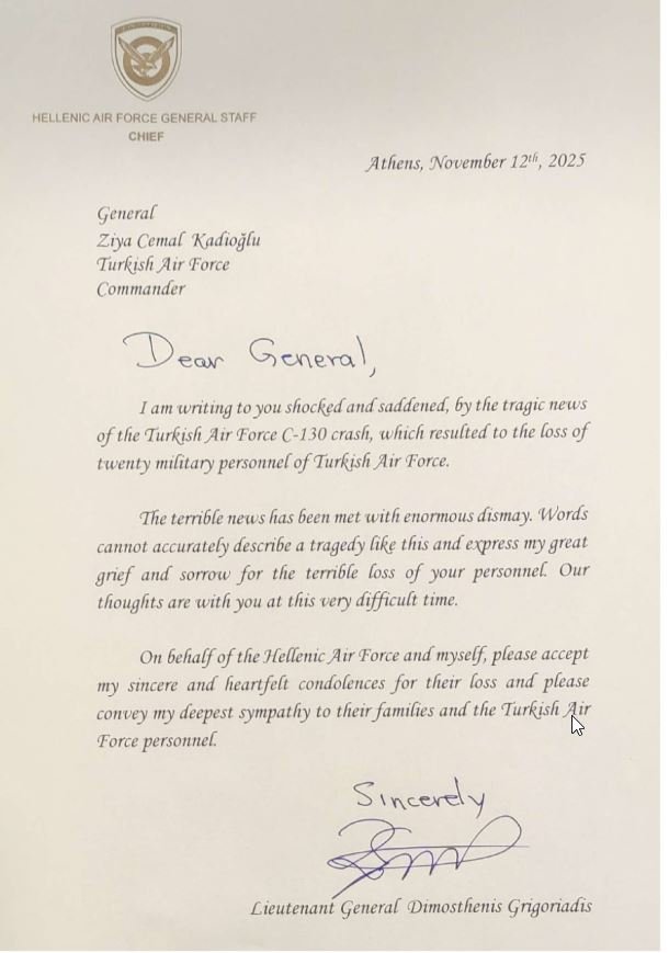 Η συλλυπητήρια επιστολή του Έλληνα Α/ΓΕΑ  στον Τούρκο ομόλογό του 