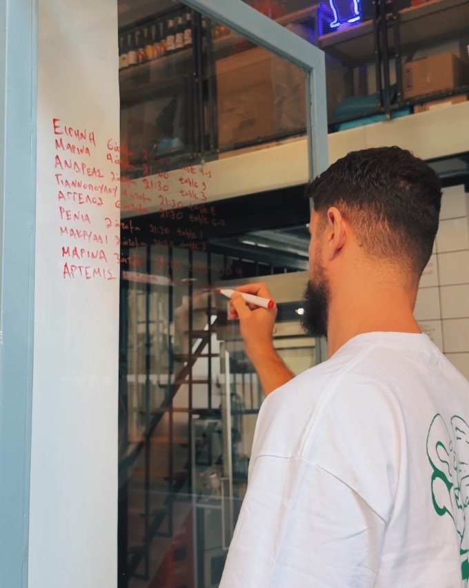 Τα ονόματα των κρατήσεων σημειώνονται με μαρκαδόρο στο τζάμι της πόρτας / Φωτογραφία: alouatou_ath/Instagram