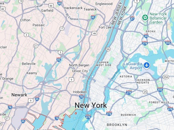 Ο ποταμός Χάντσον, δυτικά του Μανχάταν, χωρίζει την πολιτεία της Νέας Υόρκης από αυτή του Νιου Τζέρσεϊ / Google Maps