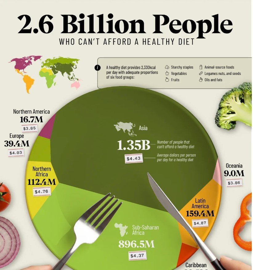 Περίπου 2,6 δισεκατομμύρια άνθρωποι, δηλαδή περίπου ένα τρίτο του παγκόσμιου πληθυσμού, δεν μπορούν οικονομικά να εξασφαλίσουν αυτό το επίπεδο διατροφής / FAO