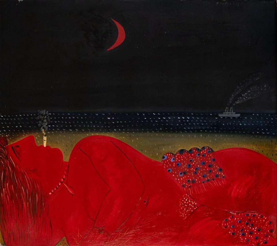 Αλέκος Φασιανός, Κόκκινη φιγούρα,ωλάδι σε μουσαμά,120 x 136 cm, Εκτίμηση €30.000-40.000