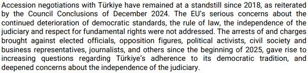 Απόσπασμα από την αξιολόγηση της Κομισιόν για την ενταξιακή πορεία της Τουρκίας, Νοέμβριος 2025
