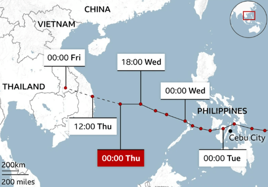 Η πορεία του κυκλώνα Καλμάγκι, από τις Φιλιππίνες προς το Βιετνάμ (τοπικές ώρες) / Χάρτης BBC