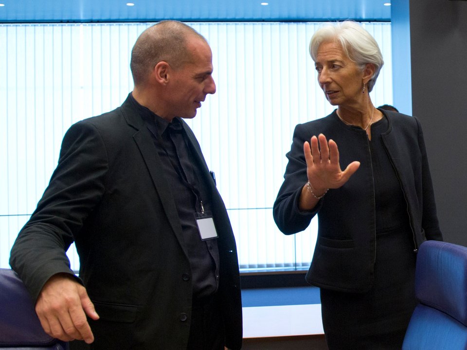  Κριστίν Λαγκάρντ -Γιάνης Βαρουφάκης στο Eurogroup το 2015 -Φωτογραφία: AP Photo/Virginia Mayo 