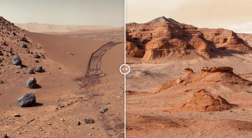 Η έρημος Γκόμπι στη Μογγολία έχει την ίδια κοκκινωπή απόχρωση με το τοπίο του Άρη, λόγω της υψηλής περιεκτικότητας του εδάφους σε οξείδιο του σιδήρου