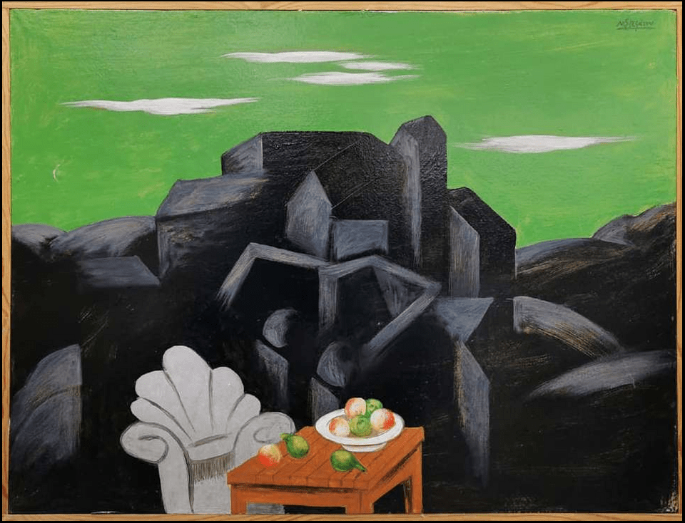 Νίκος Στεφάνου (1933) Nikos Stefanou - Έργο ζωγραφικής “Ασημένια Πολυθρόνα” (1999), ντούκο σε χαρτί κολλημένο σε μουσαμά