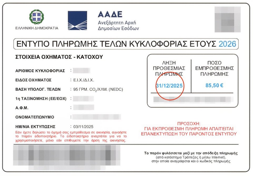 Ειδοποιητήριο για τα τέλη κυκλοφορίας 2026
