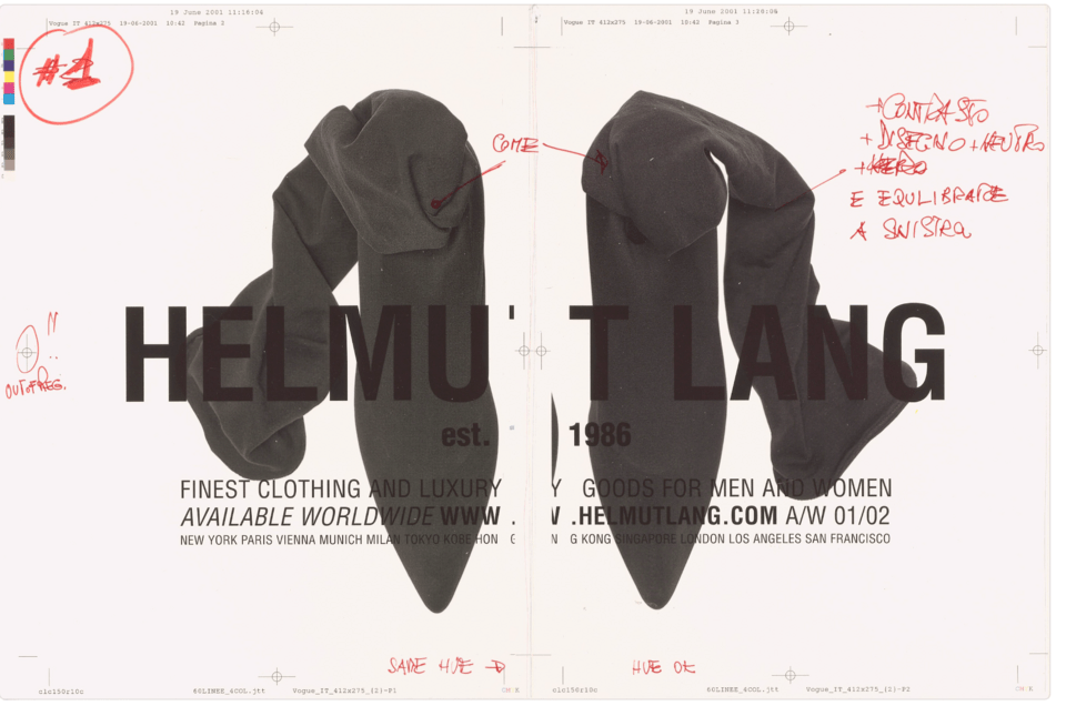 Campaigns &amp; Advertisements. Χέλμουτ Λανγκ, δοκιμαστική εκτύπωση διαφήμισης με χειρόγραφες σημειώσεις για τη Vogue Italia, από τη συλλογή Helmut Lang Collection Hommes Femmes, Séance de Travail # Hiver 01/02 (2001). Αρχείο Helmut Lang του MAK, LNI 572-6-2. Courtesy of hl-art.