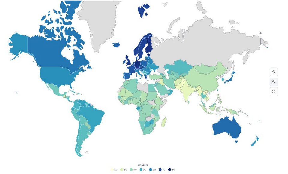 Χάρτης με την κατάταξη του δείκτη EPI 2025 / ΠΗΓΗ: worldpopulationreview.com 