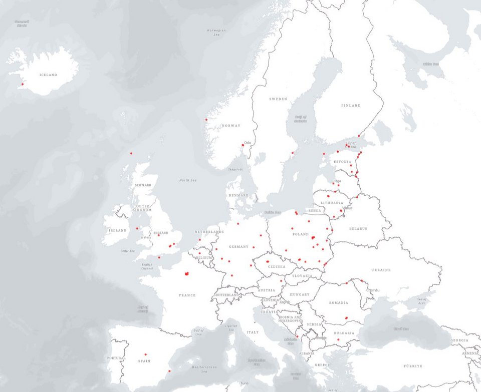 Με κόκκινες κουκίδες τα σημεία στην Ευρώπη, όπου έχουν καταγραφεί πράξεις σαμποτάζ με ρωσικό δάκτυλο, σύμφωνα με το AP 