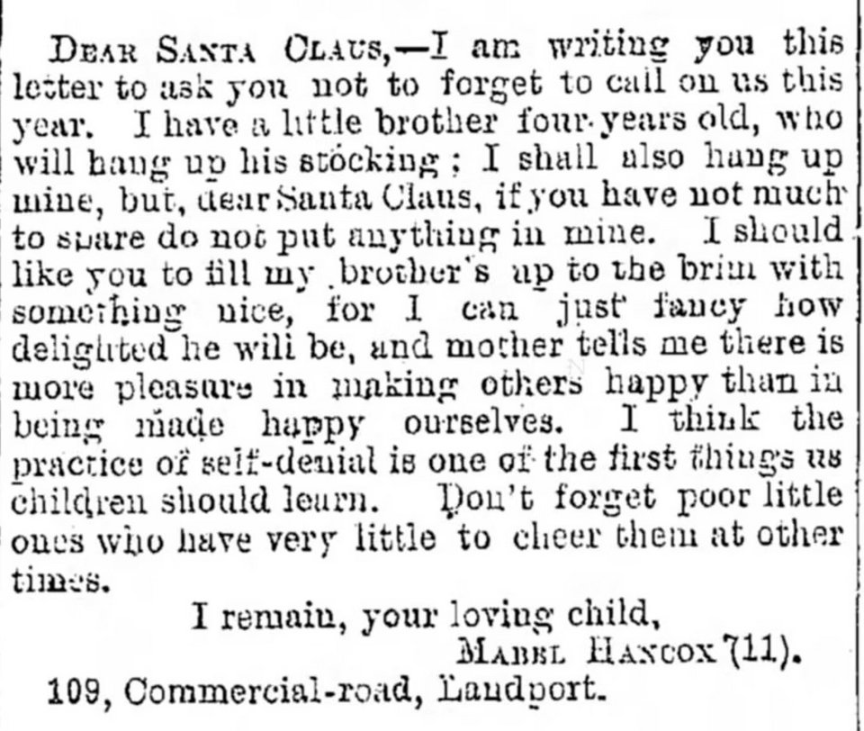 Στις 24 Δεκεμβρίου 1898, η 11χρονη Mabel Hancock, σε δημοσίευμα της Hampshire Telegraph and Naval Chronicle, απηύθυνε έκκληση να μη λησμονηθεί το σπίτι της / WIKIPEDIA