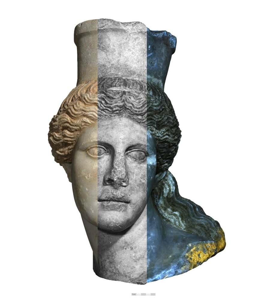 Κεφάλι ανατολικής Σφίγγας φωτογραφημένο με διαφορετικές τεχνικές α) στο ορατό φάσμα, β) στο υπεριώδες φάσμα, γ) φθορισμός υπό υπεριώδη ακτινοβολία, καταγραφόμενος στο ορατό Φωτό Χ.Σιμάτος