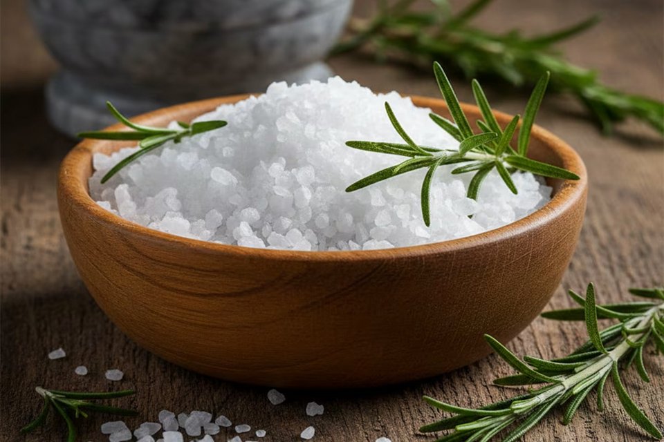Μίγμα χοντρού αλατιού και δεντρολίβανου σε ξύλινο μπολ