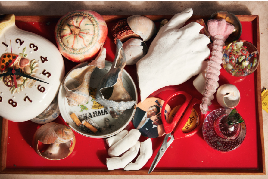 Story of my life up to now or red tray with mushroom clock