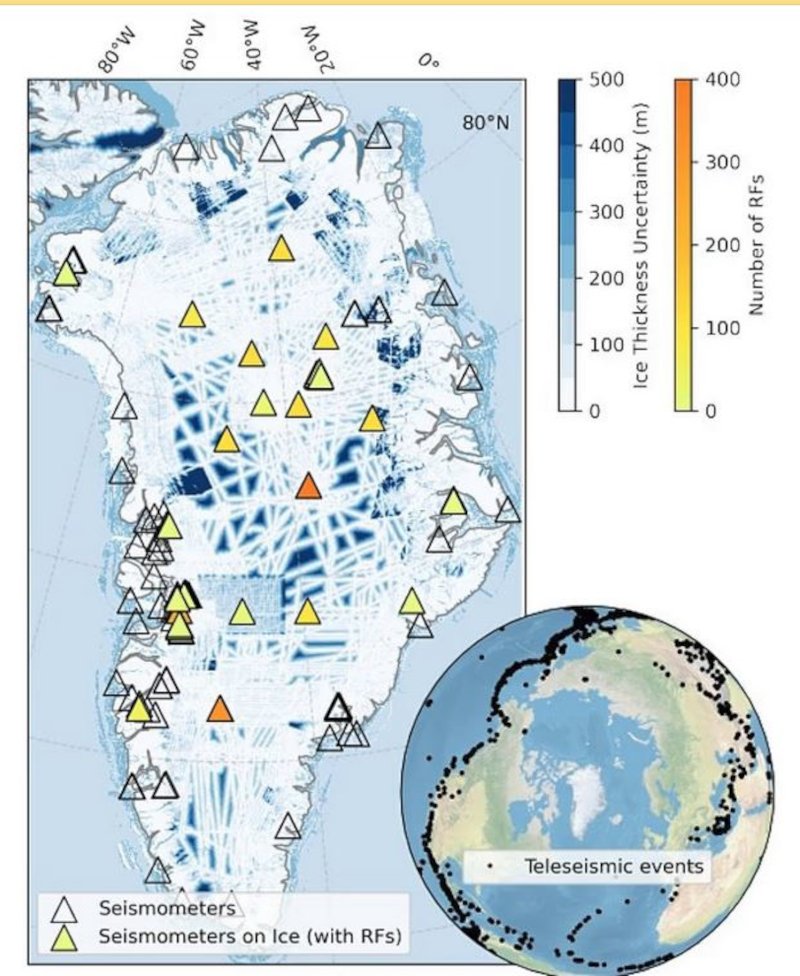 Οι ερευνητές χρησιμοποίησαν 373 όργανα σεισμικής παρακολούθησης για να εντοπίσουν ένα παχύ στρώμα χώματος και άμμου κάτω από τη Γροιλανδία, το οποίο φαίνεται να επιταχύνει το λιώσιμο των πάγων.