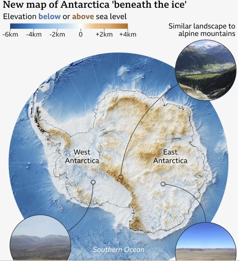 Η μελέτη, που δημοσιεύεται στο περιοδικό Science,βασίζεται σε έναν διαφορετικό τρόπο «ανάγνωσης» της Ανταρκτικής: αντί να επιχειρεί μόνο να «δει» κάτω από τον πάγο με σποραδικές μετρήσεις, αξιοποιεί δορυφορικά δεδομένα της επιφάνειας και τη φυσική της ροής των παγετώνων / University of Grenoble-Alpes / ΒΒC