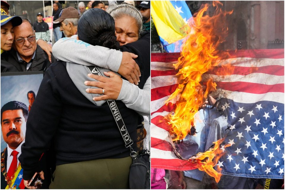 Η πλήρης αντίθεση. Υποστηρικτές του Μαδούρο αγκαλιάζονται και καίνε αμερικανικές σημαίες / Φωτογραφία: AP