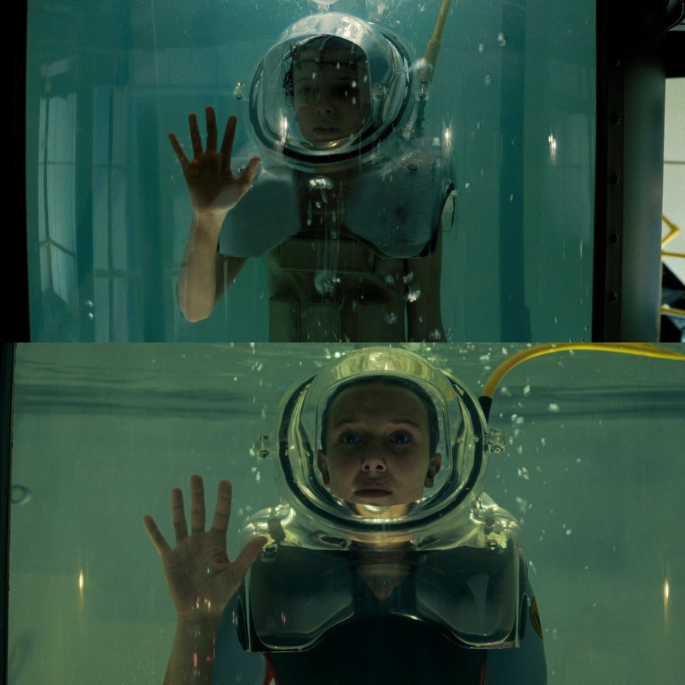 Η Eleven μέσα σε δεξαμενές νερού σε σκηνές από διαφορετικές σεζόν του Stranger Things