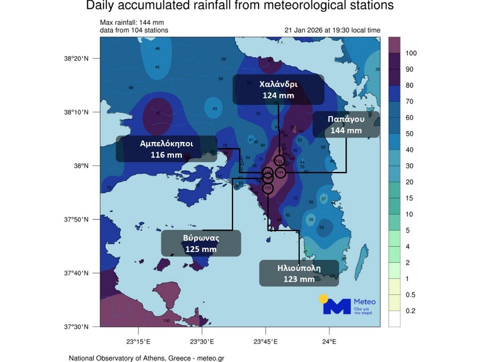 Συνολικός ημερήσιος υετός από τους αυτόματους μετεωρολογικούς σταθμούς του δικτύου του Εθνικού Αστεροσκοπείου Αθηνών/Meteo.gr στην περιοχή της Αττικής μέχρι και τις 19:30 ώρα Ελλάδας της Τετάρτης 21/01/2026.