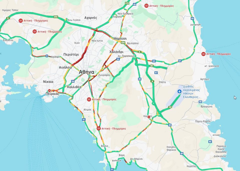 Η κίνηση στους δρόμους της Αττικής έως τις 8:30 / Φωτογραφία: Google Maps