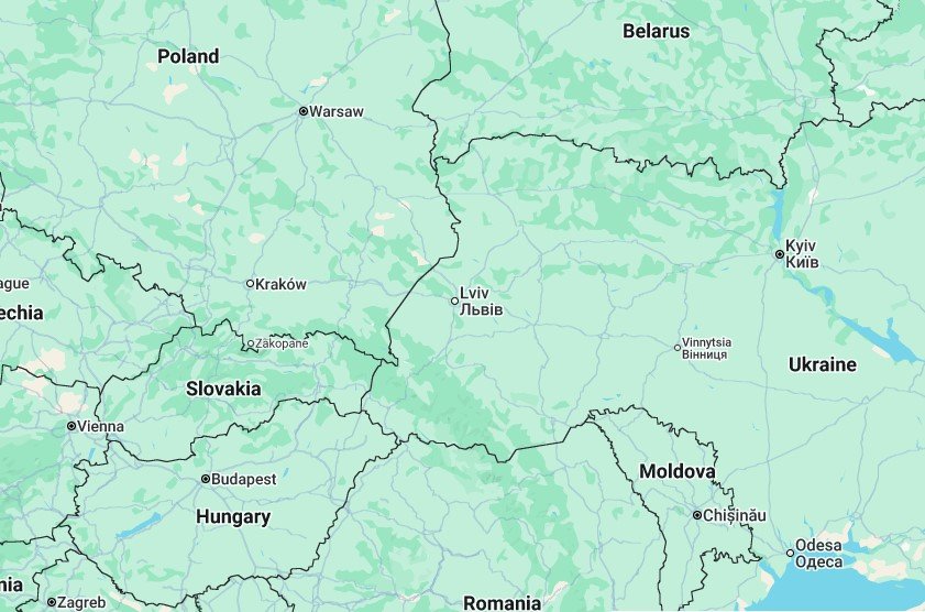Χάρτης που αποτυπώνει πόσο κοντά στα σύνορα της ΕΕ είναι η ουκρανική πόλη Λβιβ / Google Maps