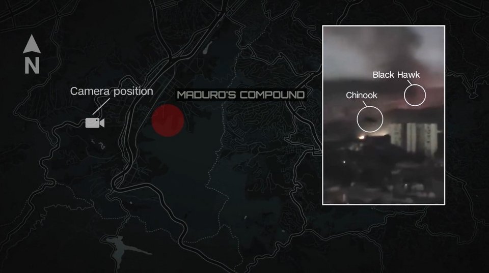 Αμερικανικά ελικόπτερα Σινούκ και Black Hawk πάνω από το φρούριο του Νικολάς Μαδούρο, στιγμιότυπο CNN