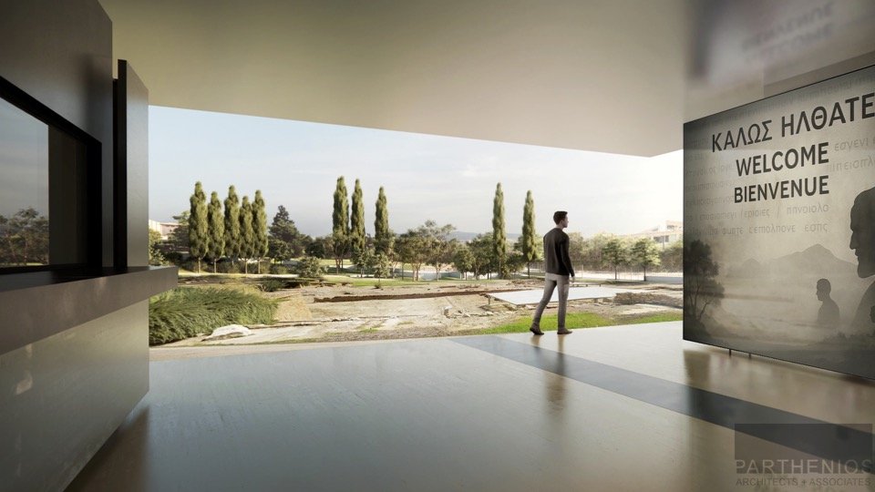 Φωτορεαλιστική απεικόνιση της Πύλης της γνώσης - Διαδραστική εγκατάσταση υποδοχής στον αρχαιολογικό χώρο του Λυκείου 