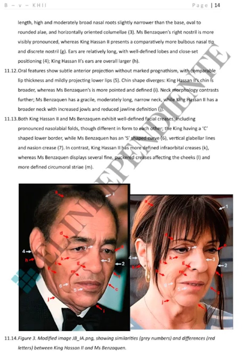 Απόσπασμα από την έκθεση της βρετανικής εταιρείας ιατροδικαστικής ανάλυσης, που αποδομεί τους ισχυρισμούς της Ζαν Μπενζακέν  περί εντυπωσιακής φυσιογνωμικής ομοιότητας της με τον εκλιπόντα βασιλιά του Μαρόκου, Χασάν Β΄
