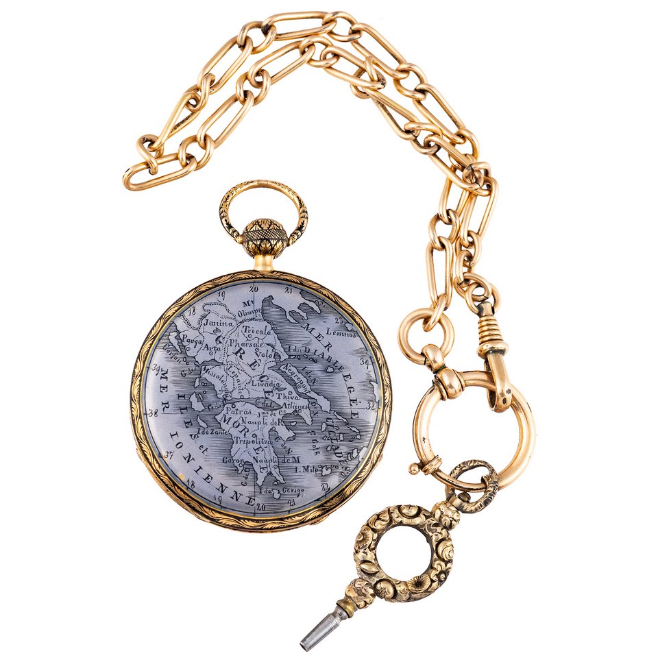 Χρυσό ρολόι τσέπης του φημισμένου ελβετικού οίκου ωρολογοποιίας Courvoisier με χάρτη της Ελλάδας του 1826-1830, Εκτίμηση €22.000-24.000 
