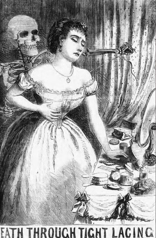 Οι γυναίκες έσφιγγαν τους κορσέδες τους επί ώρες, συχνά με βοήθεια τρίτων. Το τίμημα: λιποθυμίες, δυσκολία στην αναπνοή, μετατόπιση οργάνων και σπασμένα πλευρά. Όλα στο όνομα μιας σιλουέτας / WIKIPEDIA 