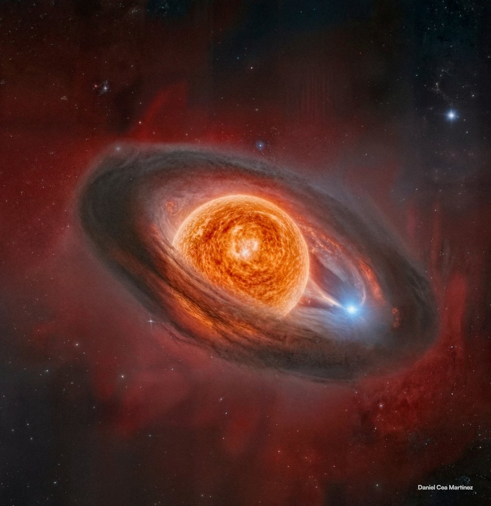 Καλλιτεχνική απεικόνιση του WOH G64, κατά την πρόσφατη μεταμόρφωσή του, όπου αποκαλύπτεται ένας κίτρινος υπεργίγαντας και ένας θερμός συνοδός αστέρας, περιβαλλόμενοι από έναν δακτύλιο σκόνης