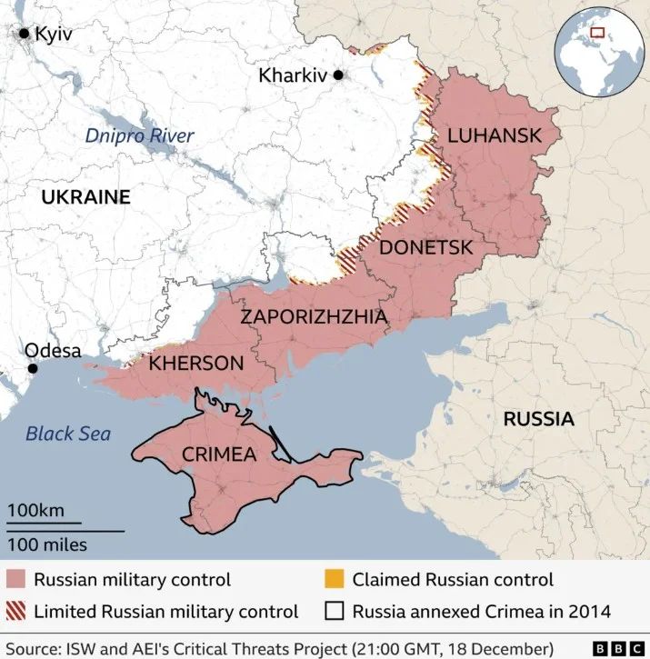 Χάρτης του BBC που αποτυπώνει την κατάσταση στην εμπόλεμη Ουκρανία, τον Δεκέμβριο 2025