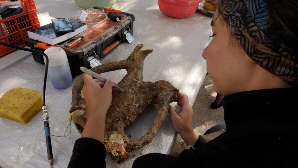 Πρώτα σωστικά μέτρα συντήρησης των ευρημάτων που ανελκύστηκαν στο πεδίο Φωτογραφία Σ. Αποστολόπουλος