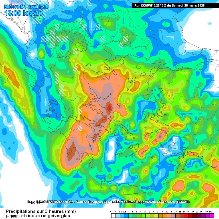 Χάρτης βροχοπτώσεων Πρωταπριλιάς από τα δύο βασικά μοντέλα (ECMWF και GFS)