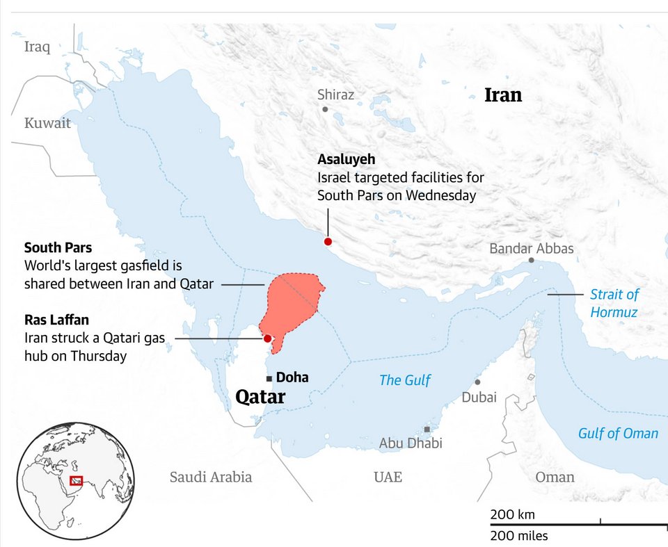 Τα όρια της αποκλειστικής οικονομικής ζώνης για χώρες εκτός του Ιράν και του Κατάρ έχουν παραληφθεί για λόγους σαφήνειας / Guardian 