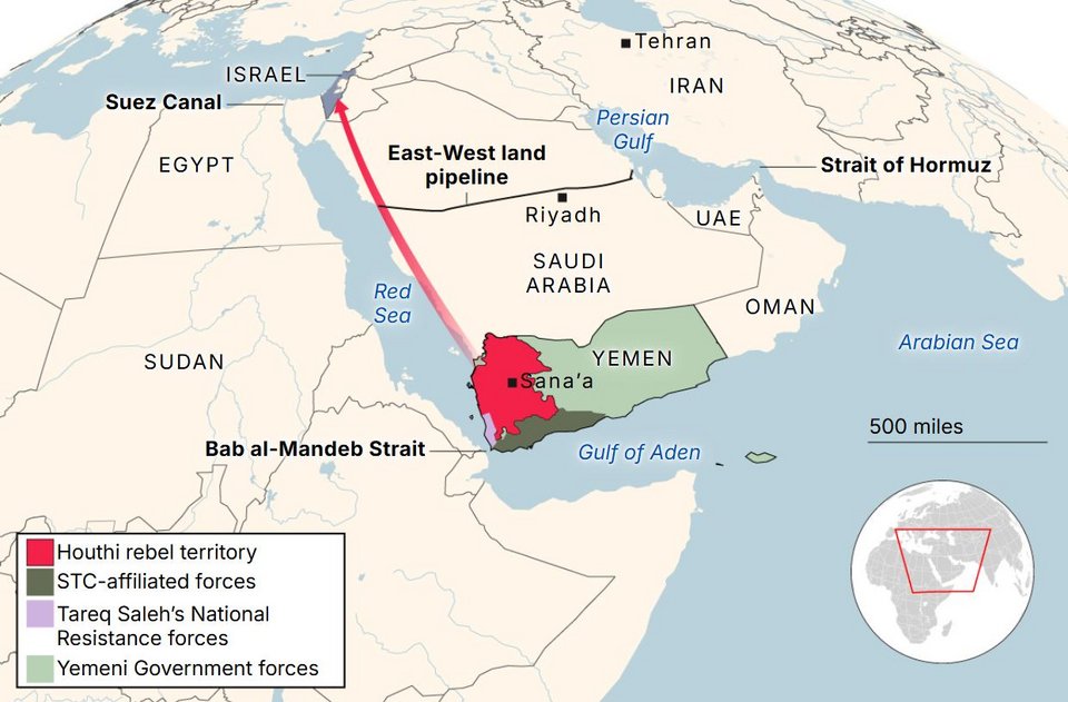 Το Στενό Μπαμπ αλ-Μαντέμπ, στο νότιο άκρο της Ερυθράς Θάλασσας, βρίσκεται στην εμβέλεια βολής των Χούθι
