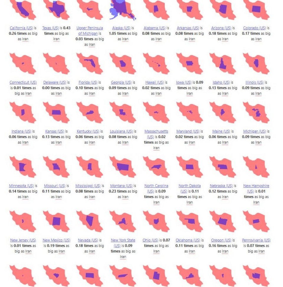 Με ροζ ο χάρτης του Ιράν, με μωβ οι πολιτείες των ΗΠΑ./Φωτογραφία:mapfight
