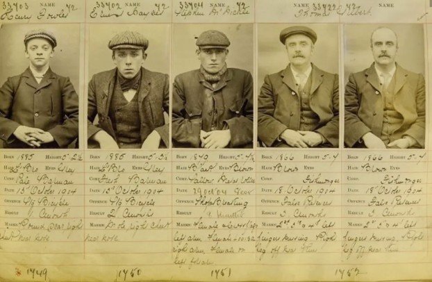 Φωτογραφίες σύλληψης των αυθεντικών μελών της συμμορίας Peaky Blinders: (αριστερά) οι Harry Fowler, Ernest Bayles, Stephen McHickie και Thomas Gilbert, (δεξιά) μαζί με τα ποινικά τους μητρώα 