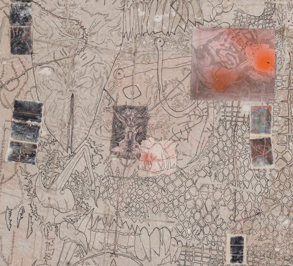  Ευγενία Φραγκολιά, λεπτομέρεια έργου I found Myself In The Grips Of Your Teeth III, 2025. Μικτή τεχνική σε χειροποίητα χαρτιά, ψηφιακή εκτύπωση, πολαρόιντ, ύφασμα, 240 x 100 εκ. Παραχώρηση της καλλιτέχνιδας και της CITRONNE Gallery 